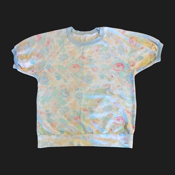 VTG 80s White Blue Floral Short Sleeve Pullover Sweatshirt *Fits like Medium - Picture 4 of 9